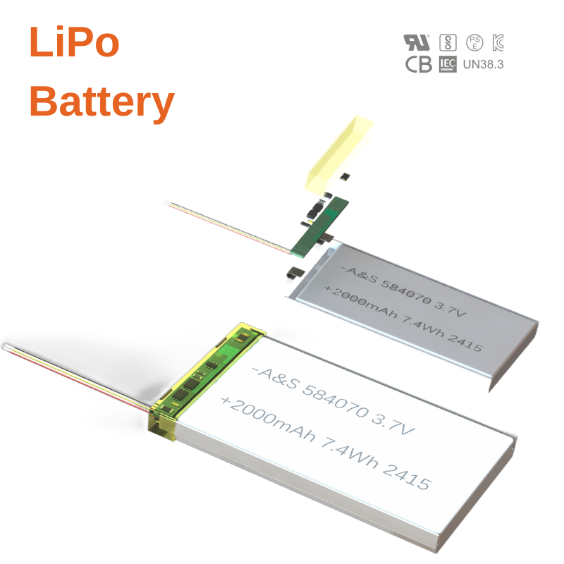 584070 3.7v 2000mAh Rechargeable Lipo Battery with UL,CB,CE,KC,UN38.3,PSE Certification